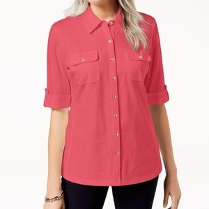 NWT XXL Karen Scott Peony Coral Roll-Tab-Sleeve Knit Button Down Top